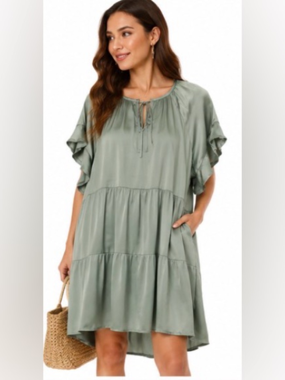 Umgee Sage Green Satin Tiered High Low Flutter Sleeve Dress Small NWT